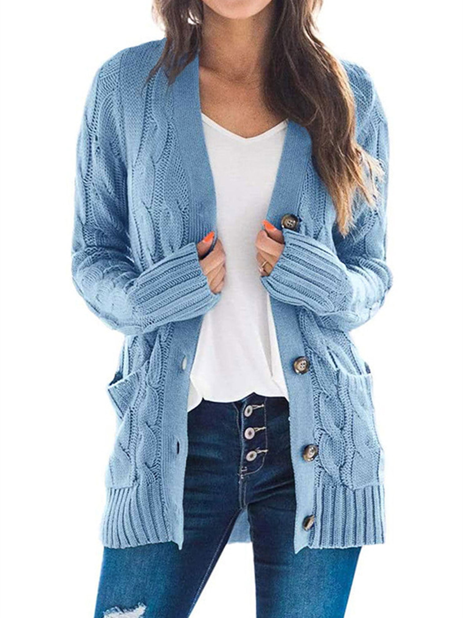 DONTAL Womens Snap Button Down Pocketed Open Front Long Knitted Cardigan Outerwear Ladies Coat 