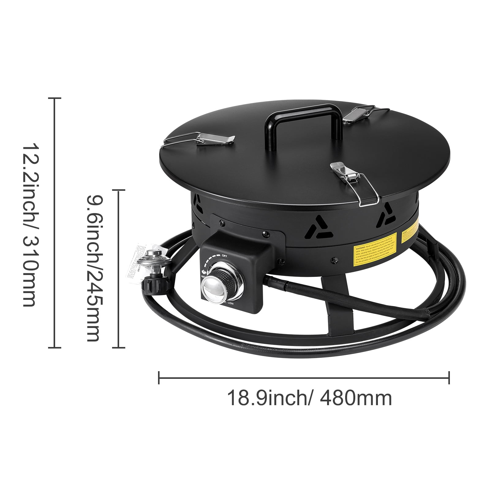 VEVOR Propane Fire Pit, 19-Inch Diameter Outdoor Portable Gas Fire Pit with Cover & Lava Rocks, Adjustable Flame Height Camping Firepit for Heating, Lighting, Gathering, 58,000 BTU, Black