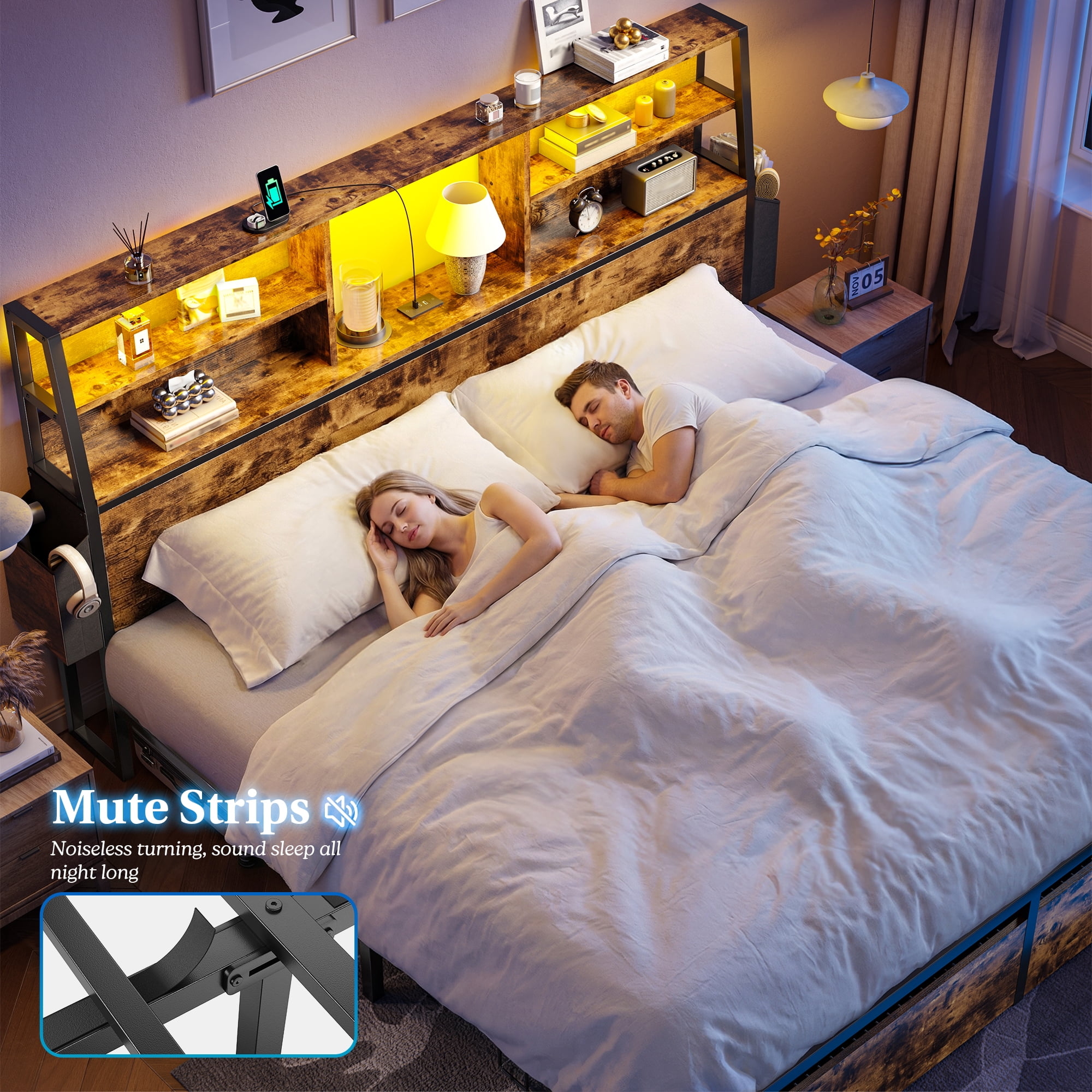EnHomee Metal Bed Frame with 3-Tier Storage Headboard King Size Metal Bed Frame with 2 Underbed Drawers & 2 Bedside Fabric Drawers & LED Lights & Charge Station,Rustic Brown