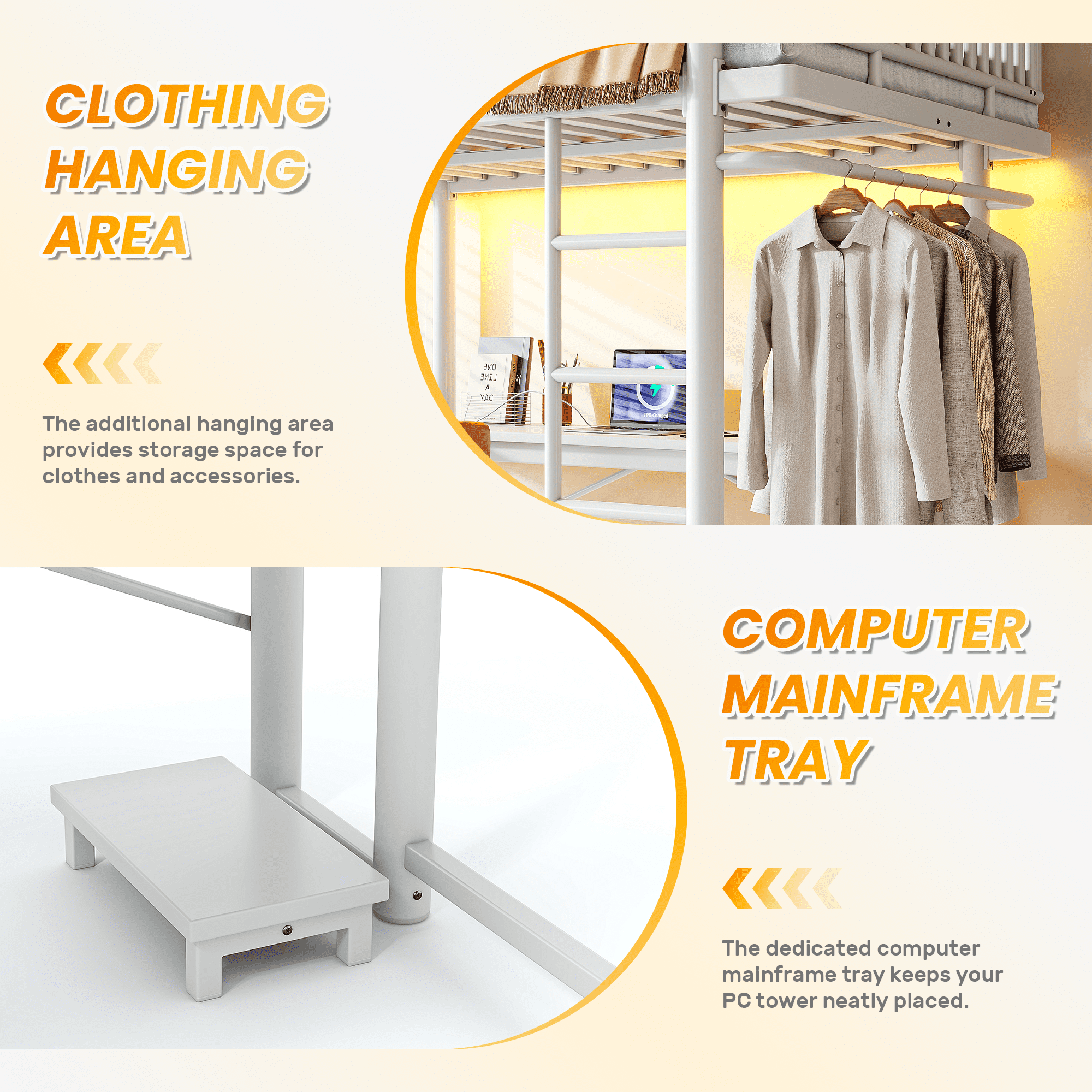 Leumius Full Loft Bed with L-Shaped Desk,LED Light Strip and Charge Station,Metal Loft Bed Frame with Computer Mainframe Tray and Hanging Area,Light White