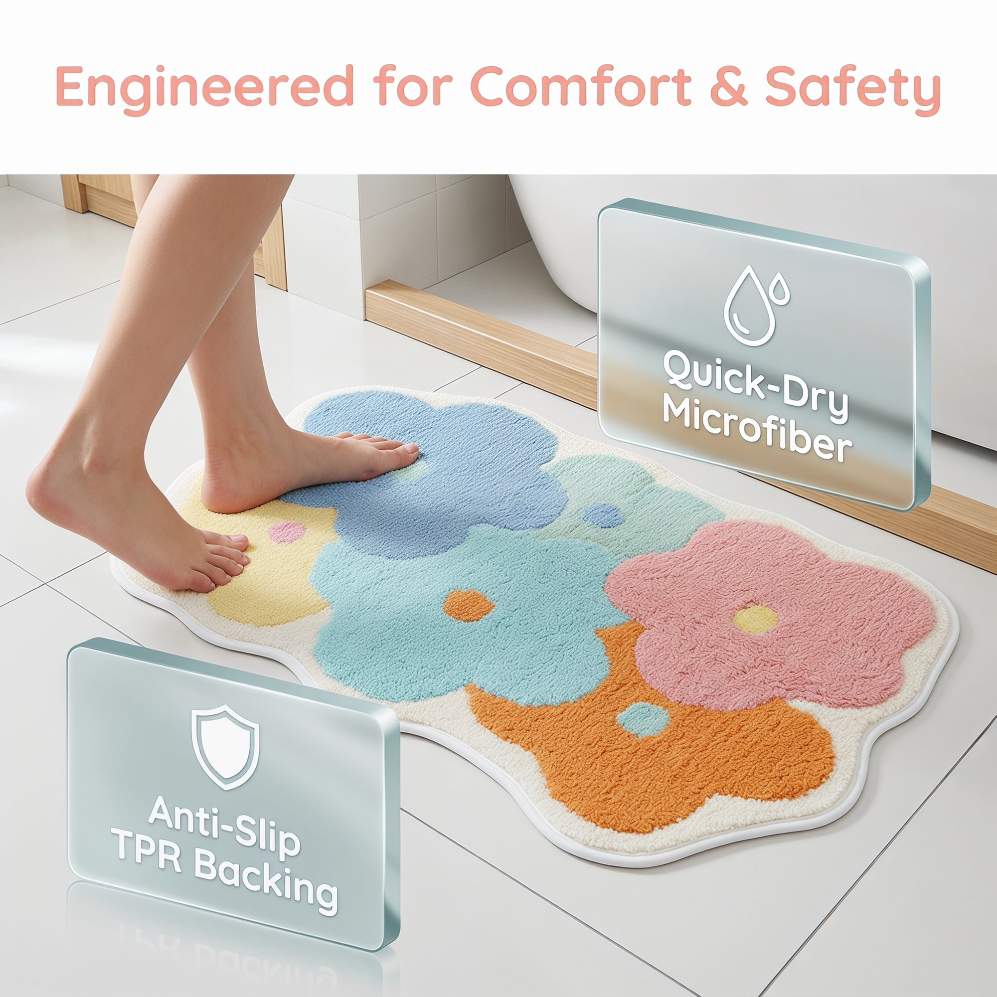 Unique Bargains Printed Bathroom Rug Ultra Soft Absorbent Plush Bath Mat Multicolor Flower 30" x 18"