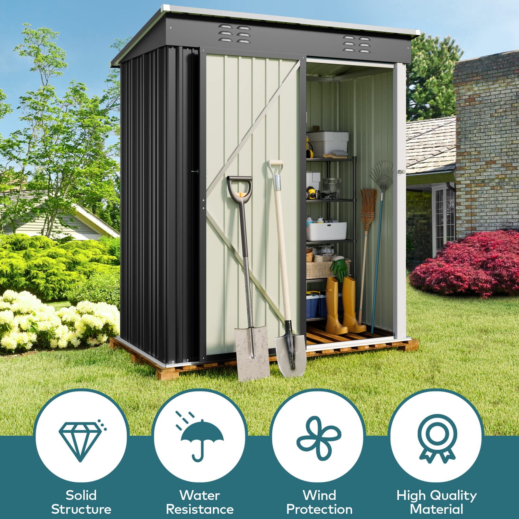 5x3 ft Outdoor Storage Shed, Metal Garden Tool Shed with Lockable Doors, for Outsides,Yard, Backyard Patio, Lawn - Dark Gray