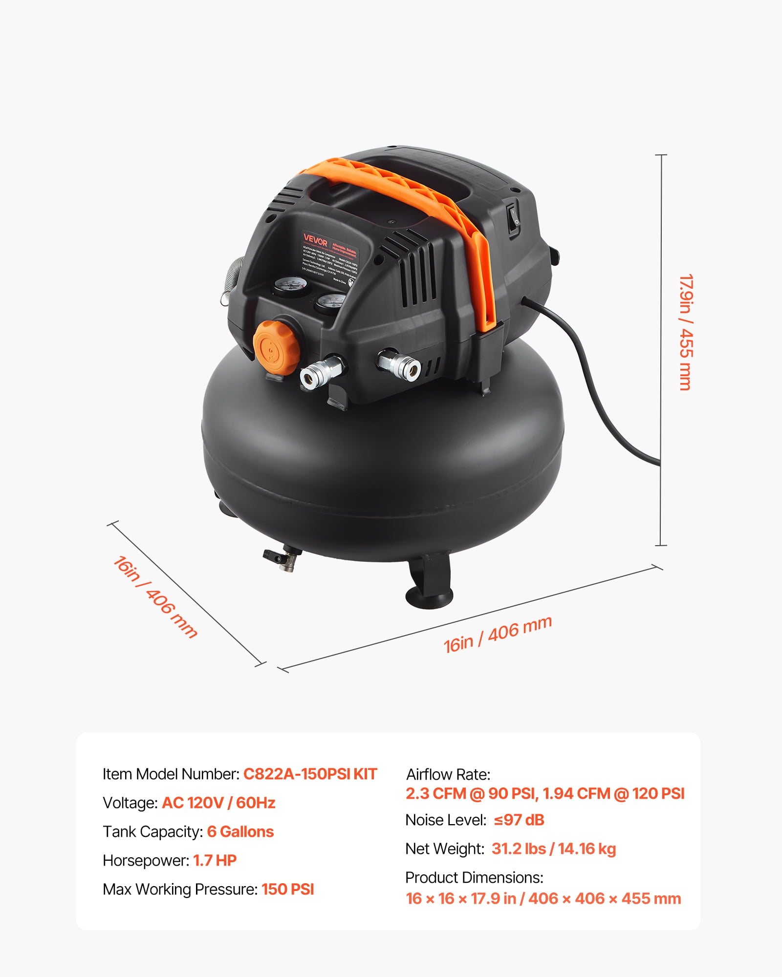 VEVOR 6 Gallon Air Compressor,1.7HP 2.3CFM@90PSI Portable Pancake Air Compressor & 150PSI Max Pressure, 12-Piece Accessory Kit with 25FT Air Hose for Tire Inflation, Spray Painting, Woodwork Nailing