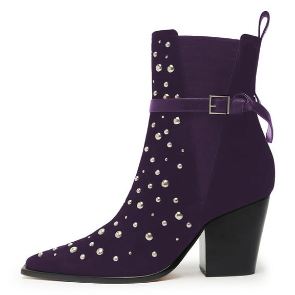 FSJ Women Fashion Studded Bead Closed Toe Pull On Booties Chunky High Heels Buckle Strap Ankle Boots Stretch Party Dress Shoes Size 8 Purple