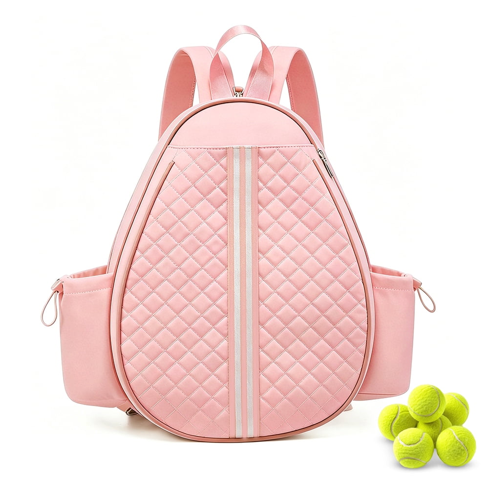 HUISZJ Tennis Bag, Water Resistant Quilted Tennis Sling Backpack with Water Bottle Holder, 16.54x12.6x1.85 inch Badminton Racket Bag for Women Men (Pink)