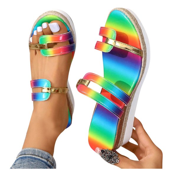 THDHVS Womens Wedge Sandals,Womens Dress Shoes,Women's Fashion Casual Summer Style Rope Thick Bottom Hollow One-Strap Wedge Slippers Multicolor 7.5