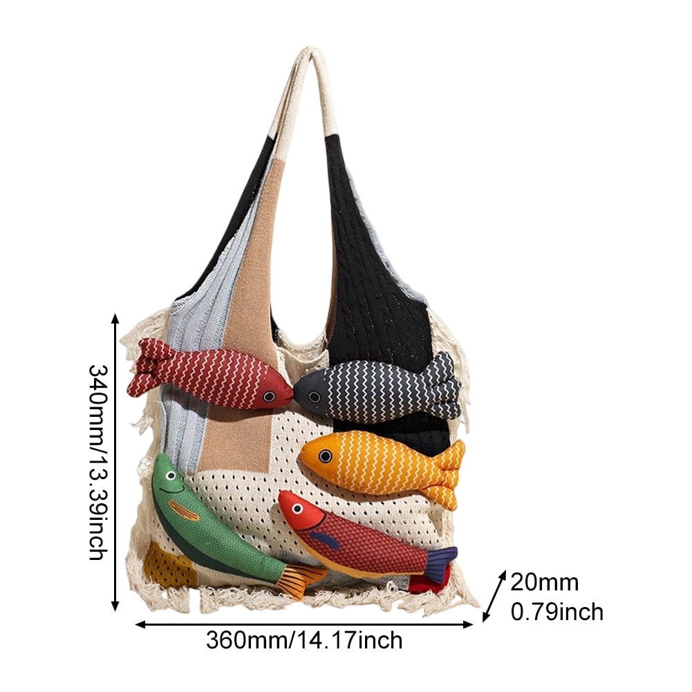 Jiibva Crochet Beach Shoulder Bag for Women Summer Tote handbags Shoulder Boho Bag with Handmade Fish for Summer Vacation
