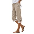 thumbnail image 5 of BUIGTTKLOP Women Cotton Linen Capri Pants Side Split Button Knee Length Long Shorts Ladies Striped Capris, 5 of 6