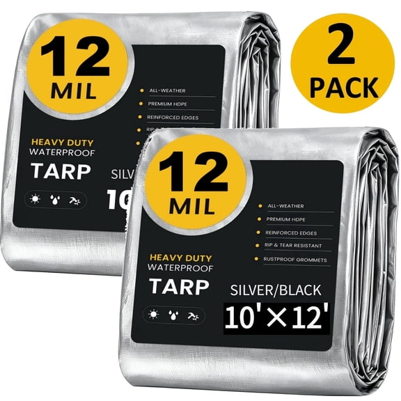 2 Pack 10x12FT Tarp Black/Silver Waterproof Tarp 12MIL