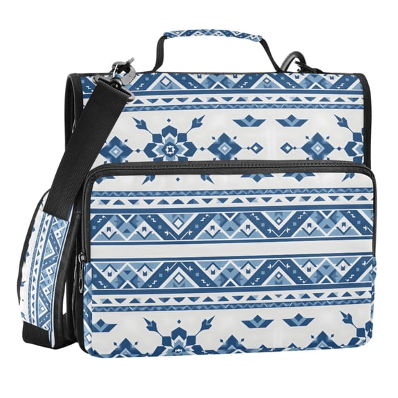 Zipper Binder White and Blue Aztec 1.5 Inch Binder Folder Bag with Shoulder Strap and Handle