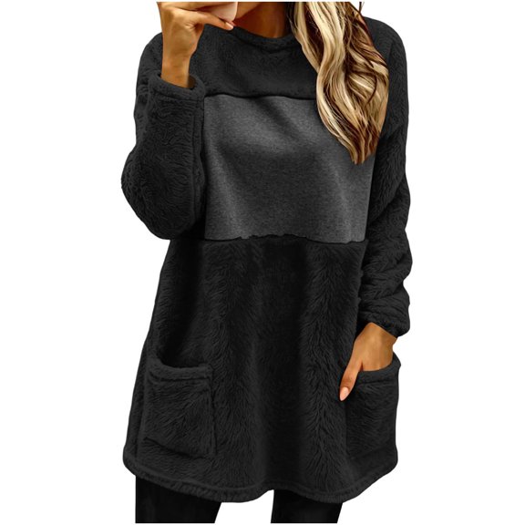 Ozmmyan Womens Fleece Sweatshirts solid color Loose Crew neck mid length Sweat Shirts autumn and winter casual large pocket style