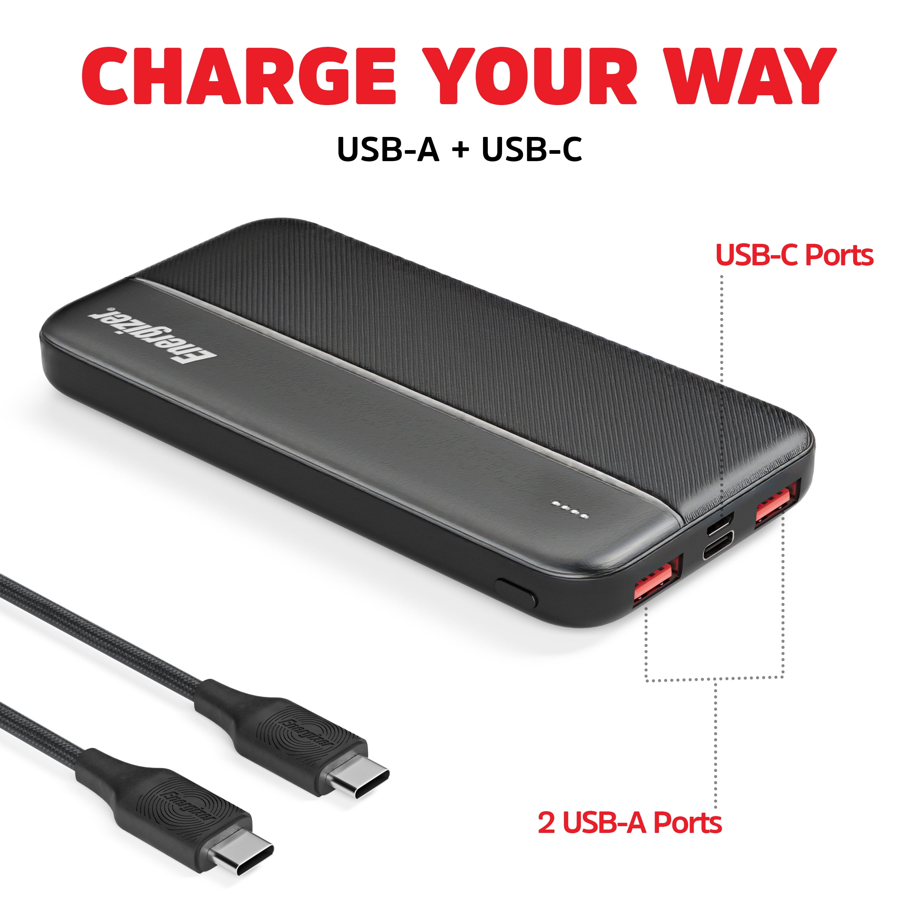 Energizer 10,000mAh Power Bank Portable Charger Karna, 20W USB-C PD Fast Charging Battery Pack for iPhone, Android, Tablets & USB Devices, Black