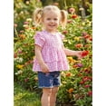 thumbnail image 6 of BemeyourBBs Toddler Baby Girl Summer Clothes Denim Outfits Plaid Short Sleeve Tunic Shirt Tops Strawberry Bowknot Floral Embroidery Jeans Shorts Set, 6 of 9
