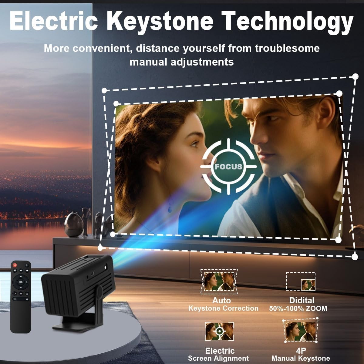Projector with Apps 4K Supported  Projector for Bedroom Ceiling Camping Outdoor Use Portable with Speaker Auto
