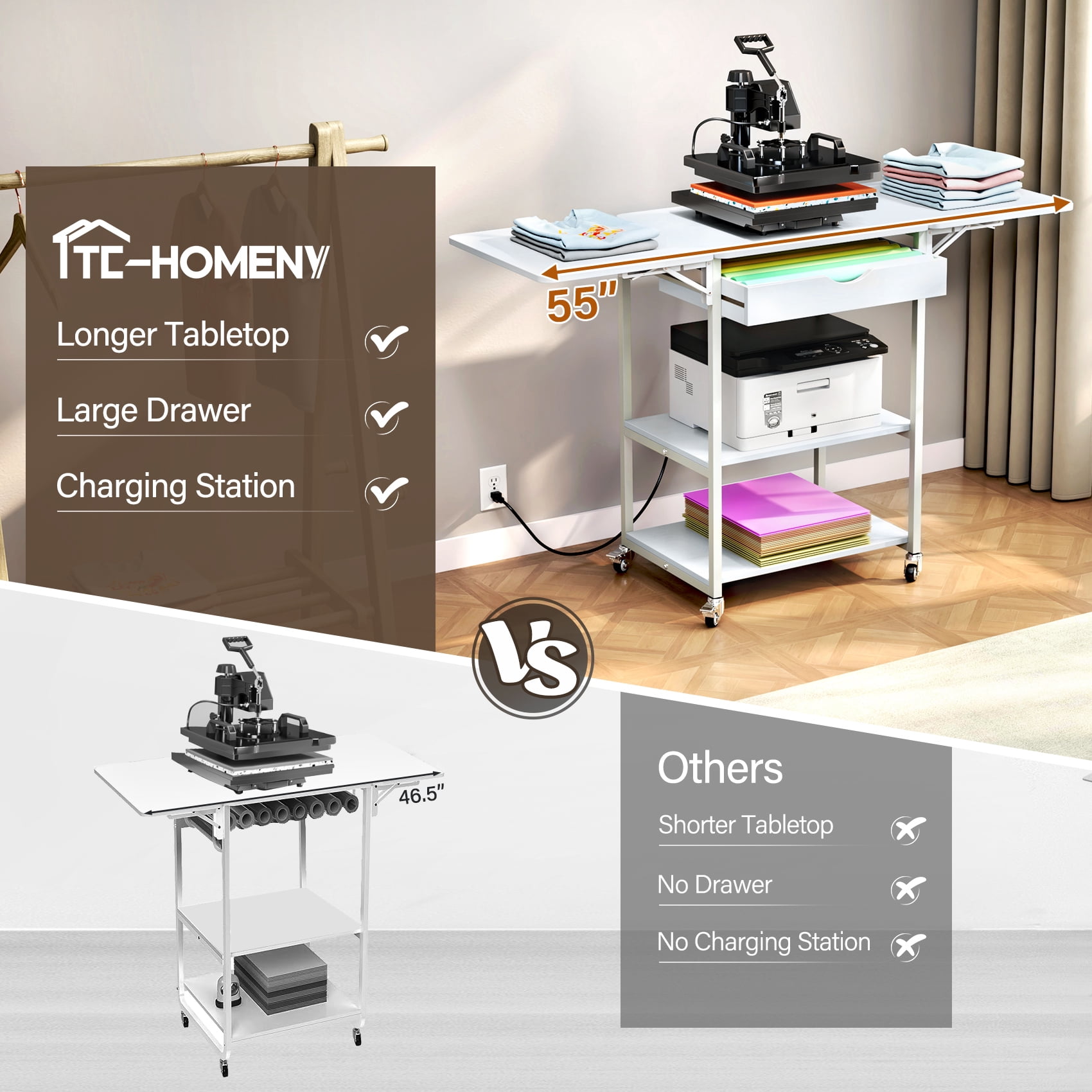 TC-HOMENY Foldable Heat Press Machine Stand w/ Charging Station, Mobile Heat Printer Cart w/ 3-Tier Storage & Drawer, Movable Heat Transfer Machine Workbench, White