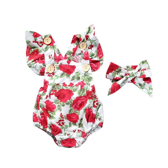 Body De Bebé, Conjunto De Canastilla, Mono Sin Mangas Para Niño Pequeño, Diadema Con Estampado De Flores, Ropa De Dos Piezas Para Niños, Rojo Odeerbi LM103-5596