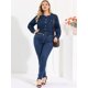 thumbnail image 3 of Women's Plus Size Long Sleeves Button Down Crew Neck Short Denim Jacket Dark Blue 2X, 3 of 6