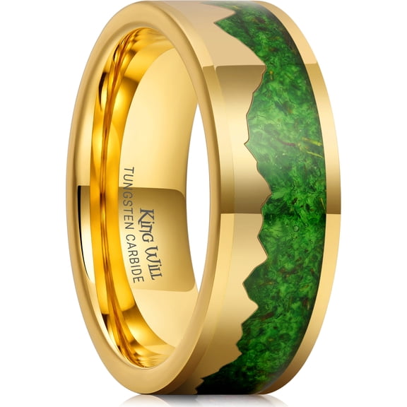 King Will 8mm Gold Wedding Band Inlay with Gold Mountain Degisn Sticker, Green Algae and Mosses Base Tungsten Ring for Men Women, Engagement Ring for Couples, Flat Cut Edge Comfort Fit Size 12