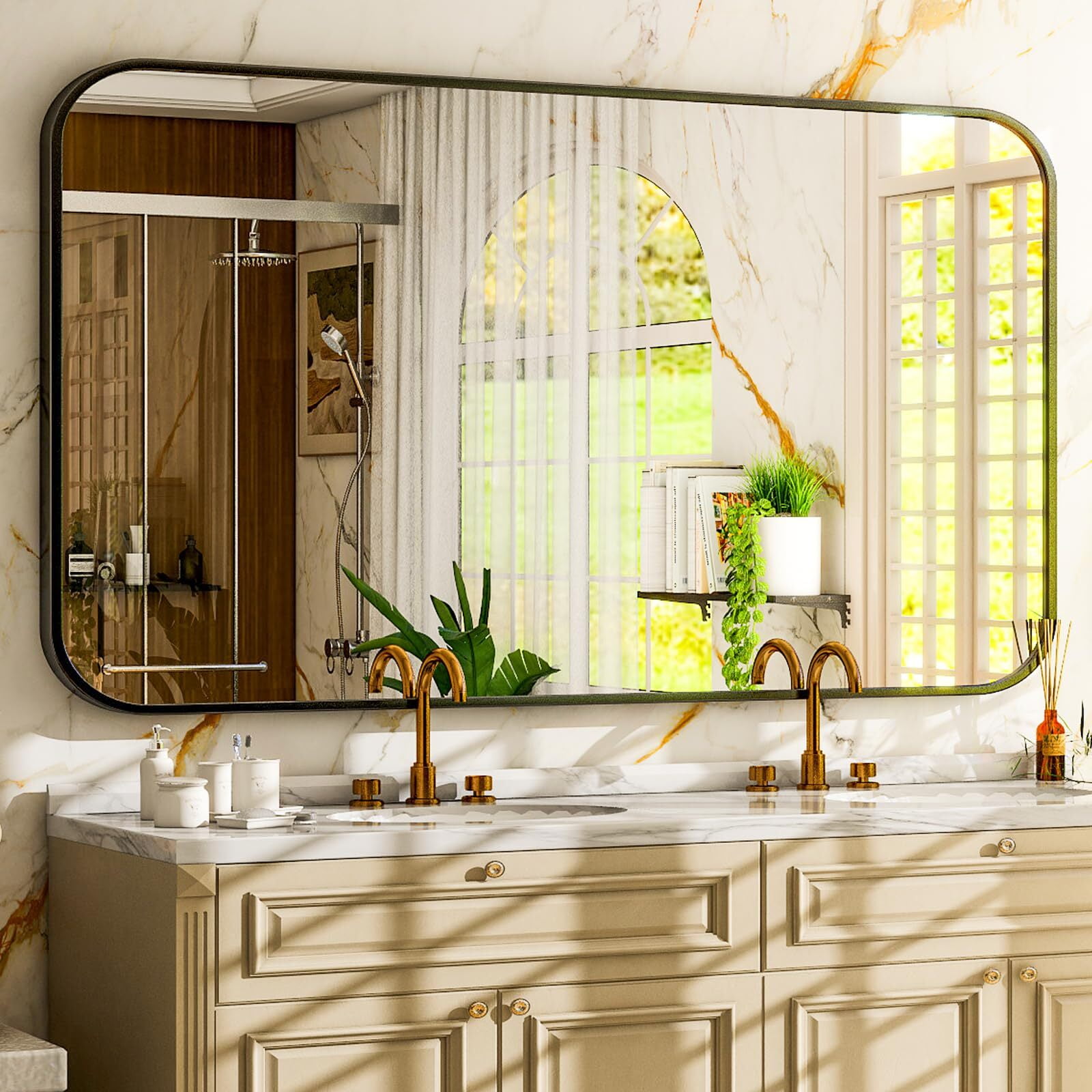 Anyrose Bathroom Mirror for Wall, 30 x 48 Inch Metal Framed Rectangle Mirror, Wall Mounted Vanity Mirror for Bathroom,Black