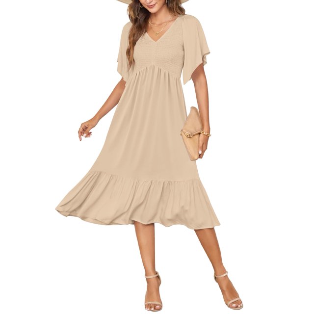 Vestido de verano AUSELILY para mujer, cuello en V, manga corta, midi, albaricoque