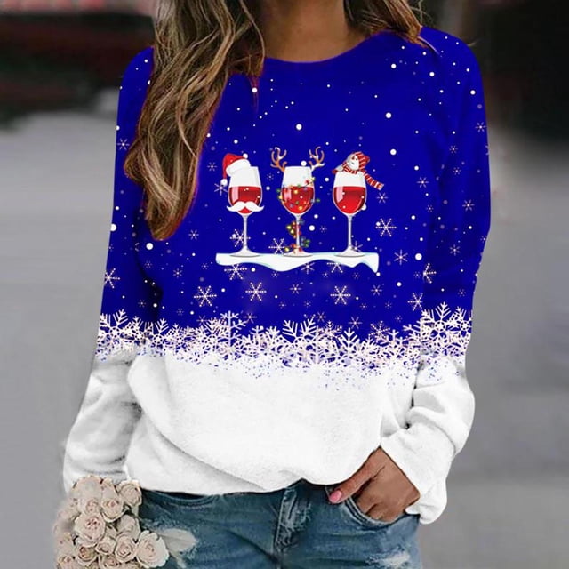 Femmes Mode Col Rond Noël Manches Longues Tops Chemisier Pull Sweat-Shirt