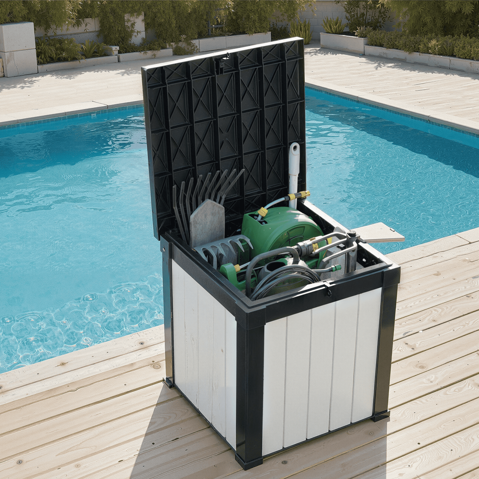 MAYEERTY 50 Gallon Outdoor Deck Box, Large Capacity Storage Box for Patio Furniture Cushions, Pillow with Wheels, Black+White