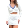 thumbnail image 3 of VISgogo - Conjunto de ropa de primavera y otoño para mujer, suéter de manga larga con cuello en V + falda de punto ajustada blanca VISgogo  moda, 3 of 9