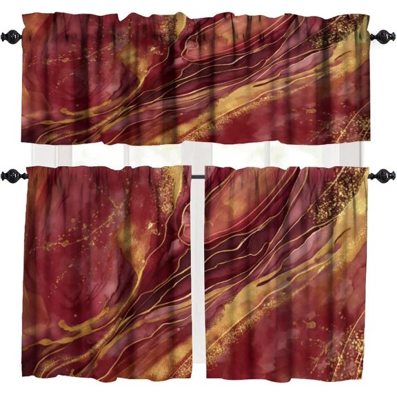 Marble Texture Valances Set for Kitchen, Red and Gold Abstract Marble Home Decor Rod Pocket Window Drapes for Kitchen Living Room Dining Room Office 52x18 Inch   27x24 Inch X 2