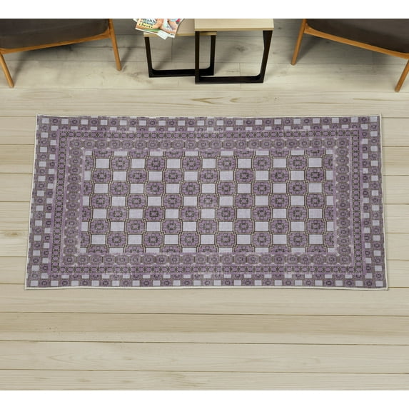 Vintage Area Rug with Non-Slip Backing, Ethnic Themed Squares and Circle Details Antique Themed Mesh Grid, Quality Carpet for Bedroom and Dorm Room, 2.6' x 5', Mauve Coconut and Peach, by Ambesonne
