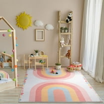 Well Woven Kids Rugs Crescent Rainbow Modern Multi Color Printed Distressed Machine Washable 3'3" x 5' Area Rug