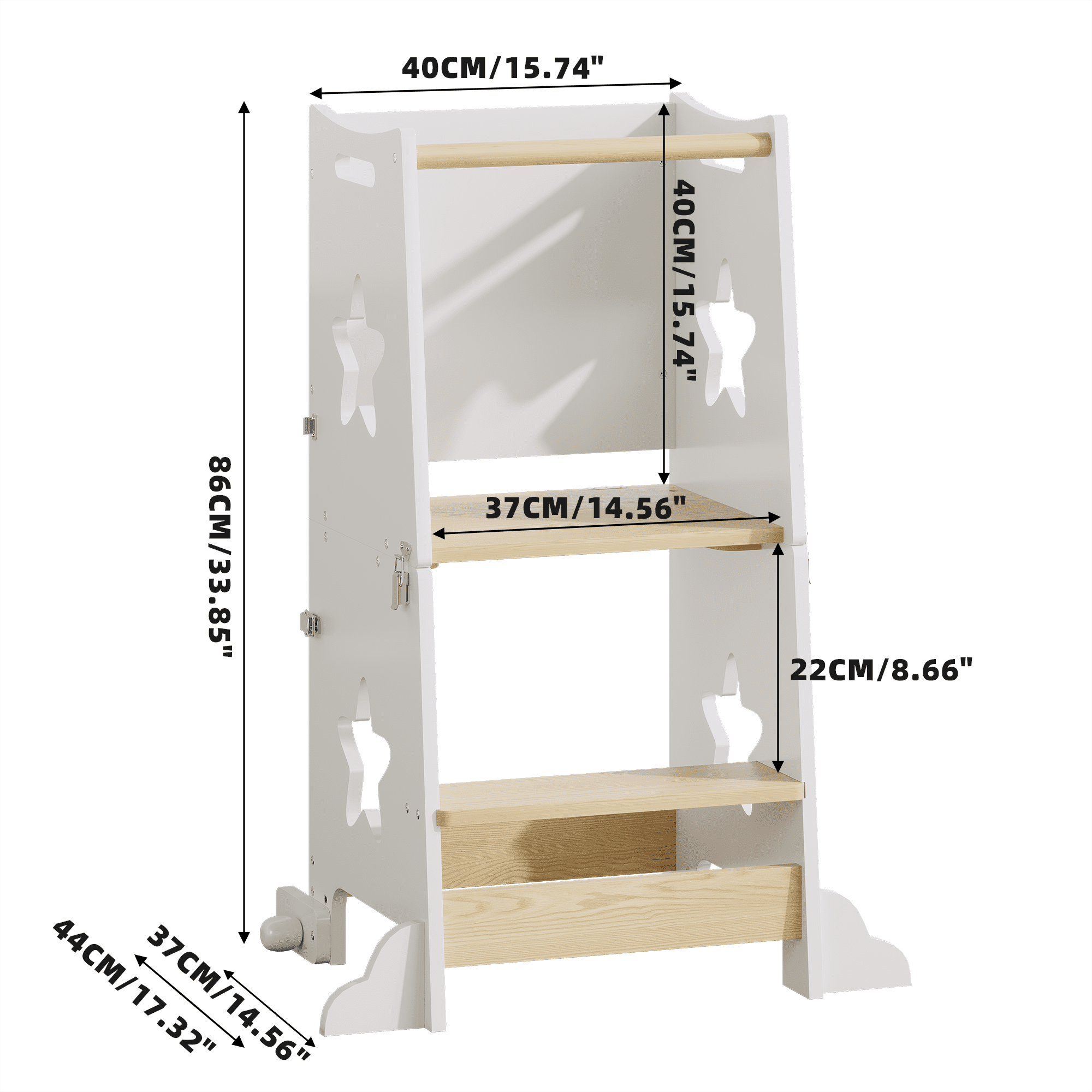 3-in-1 Toddler Kitchen Step Stool with Chalkboard, Foldable Convertible Learning Standing Tower Helper Table and Chair Set, White Natural