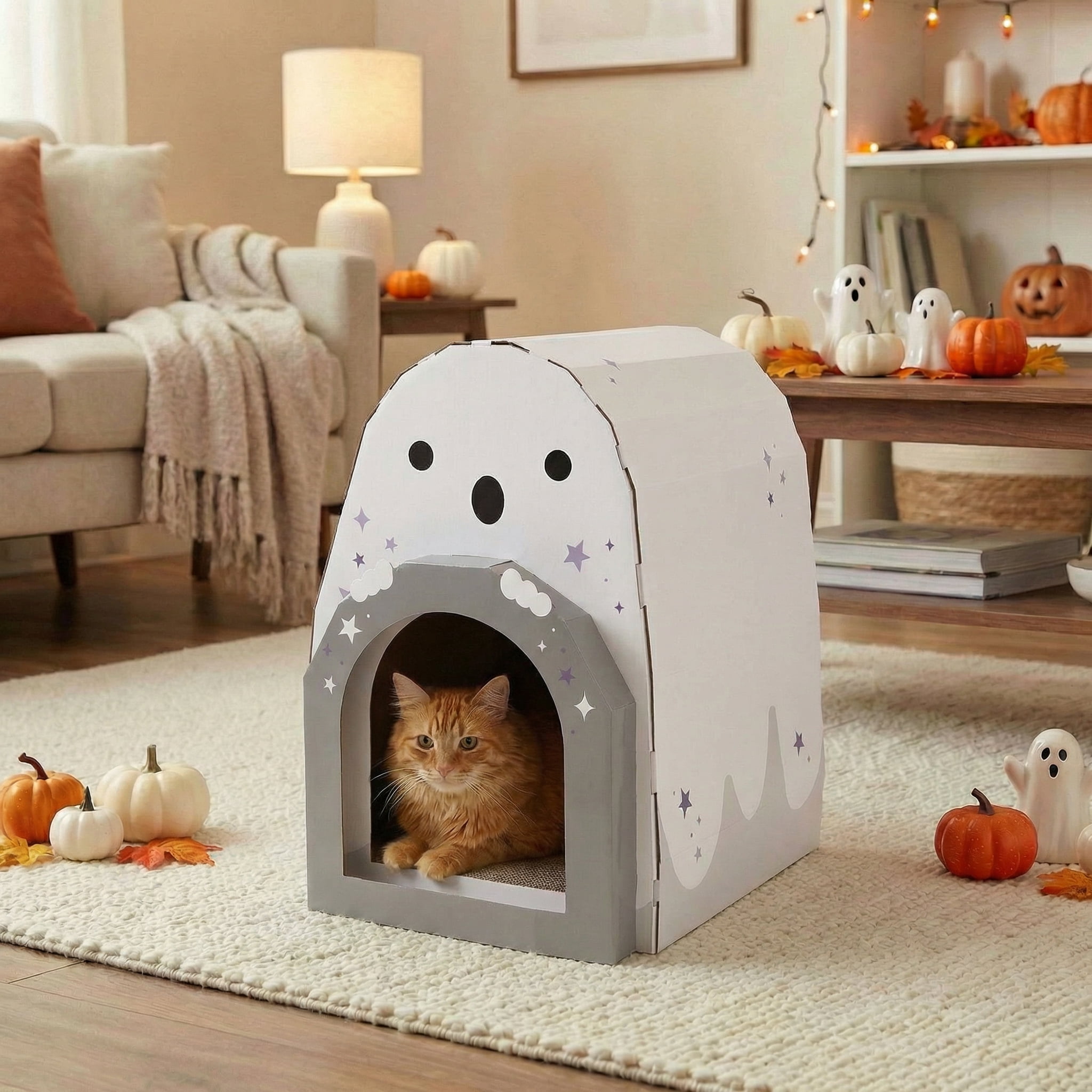 Kitty City Halloween Ghost Indoor Cat Scratcher House, White, One Size