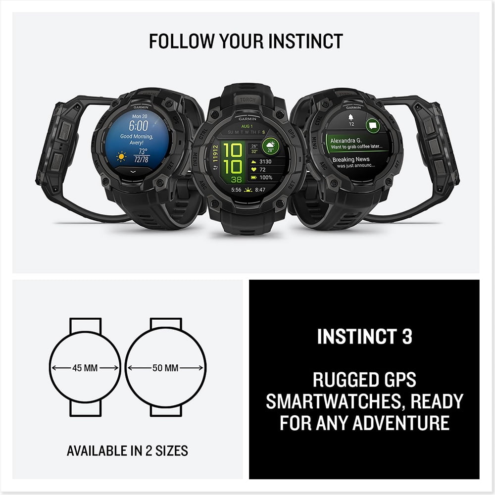 Garmin Instinct 3 - 45 mm Outdoor GPS Smartwatch, AMOLED, Black with Black Band 010-02936-00 Bundle with Deco Essentials 2x Screen Protector & 2x Tactical Emergency Paracord Bracelet