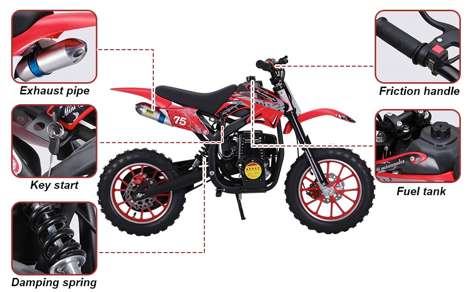 Dapmiu Safe Kids Off-Road Motorcycle 49CC - 4-Stroke Engine with Shock Absorption, 10" Tires & Aluminum Rims for Stability Red