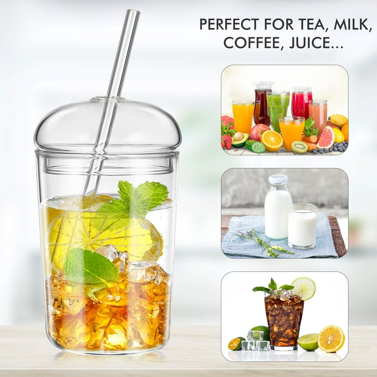 Lotfancy 6pcs Glass Cups with Bamboo Lids and Glass Straw, 16oz Can Shaped Drinking Glasses, Clear