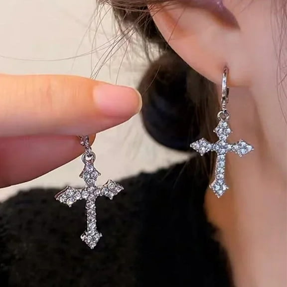 Y2K Gothic Rhinestone Cross Earrings Kpop Crystal Zircon Cross Drop Earring for Women Grunge Egirl Earrings Jewelry Accessories