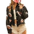 thumbnail image 2 of Women's Corduroy Shacket Jacket Football Print Long Sleeve Lapel Raw Hem Button-Up Loose Coat, 2 of 9