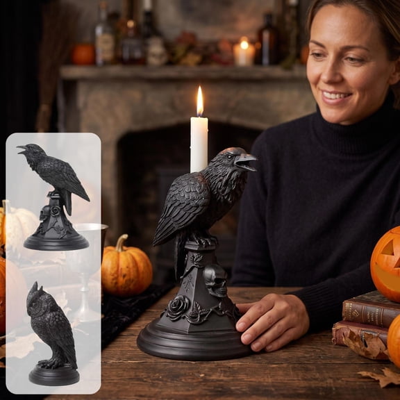 ShaoXinWan Halloween Raven Owl Candlestick, Gothic Resin Candle Holder, Accent for Tabletop Mantel Dining Table Indoor Party Home Seasonal Display