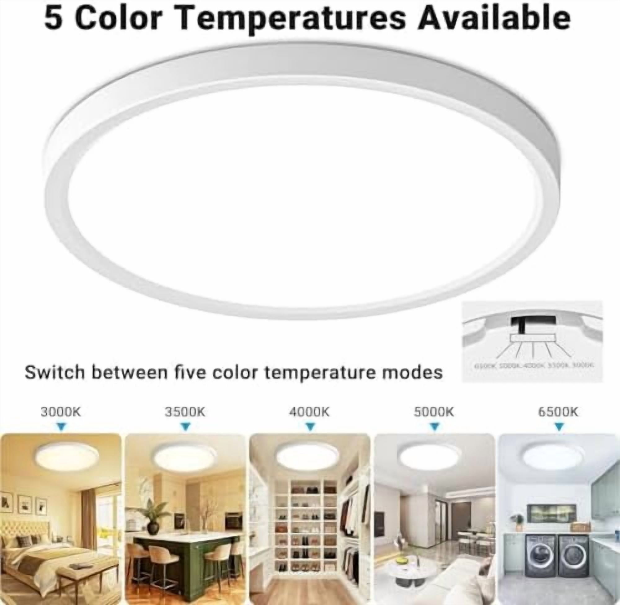 LED Flush Mount Ceiling Light, 15 Inch 30W 5CCT (3000K-6500K), 3800LM White Round Light for Kitchen Porch Hallway Bedroom Bathroom Closet – 1 Pack