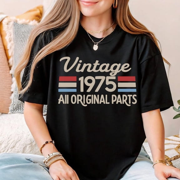 TOKAIPlus Vintage 1975 Shirt All Original Parts 50th Birthday Retro Graphic Tee Funny 1970s T-Shirt Gift for Men Women Born in 1975