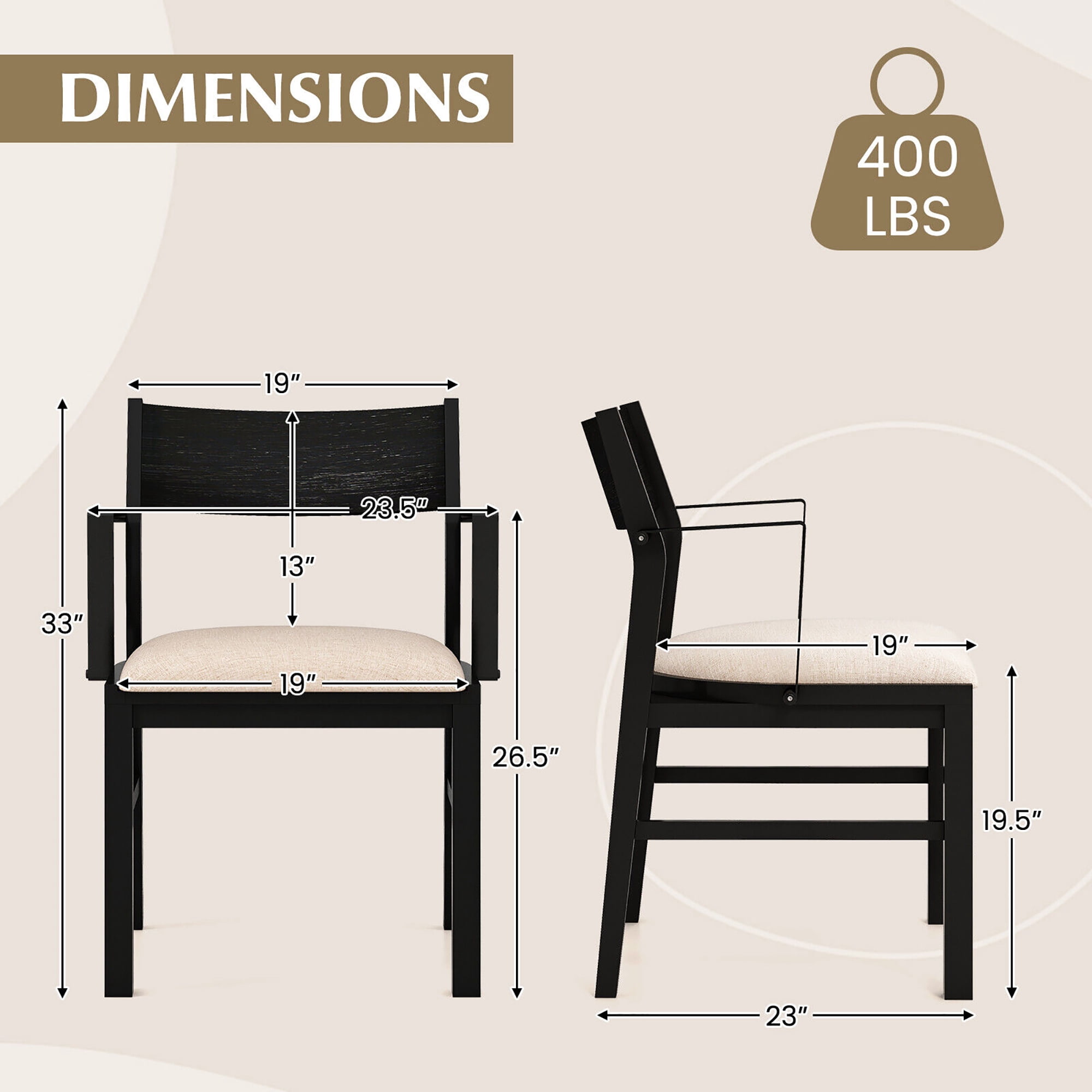 Gymax Dining Chair w/ Arms Set of 2 Modern Kitchen Chairs & Contoured Backrest Black & Beige