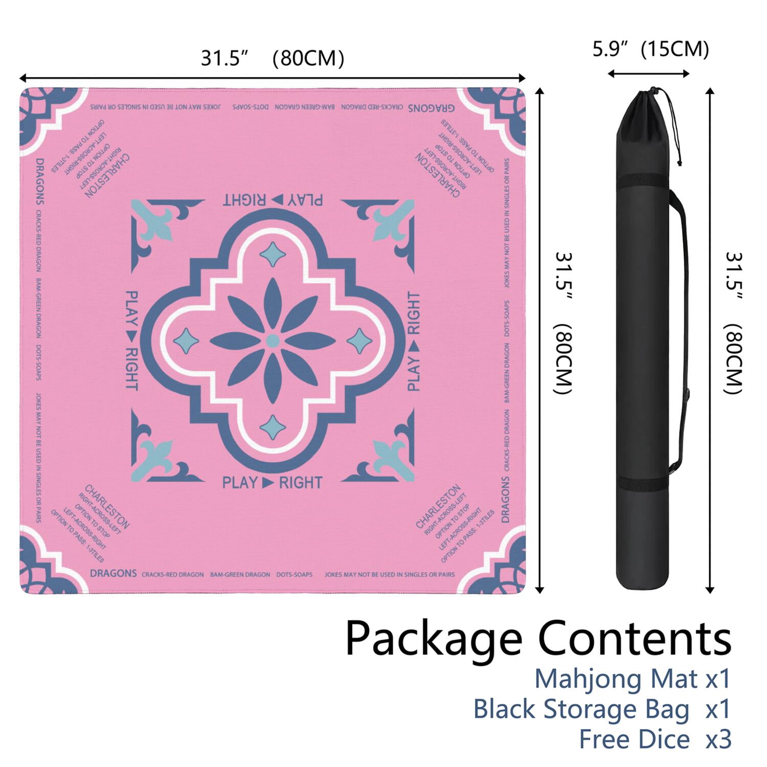 Pink Mahjong Mat with Rules, 31.5*31.5in Anti Slip American Mahjong Mat for Table, Noise Reduction, Neoprene Mah jongg Mats with Carrying Bag & 3 Dices, Mahjong Supplies Gift, Board Tile Games Mats