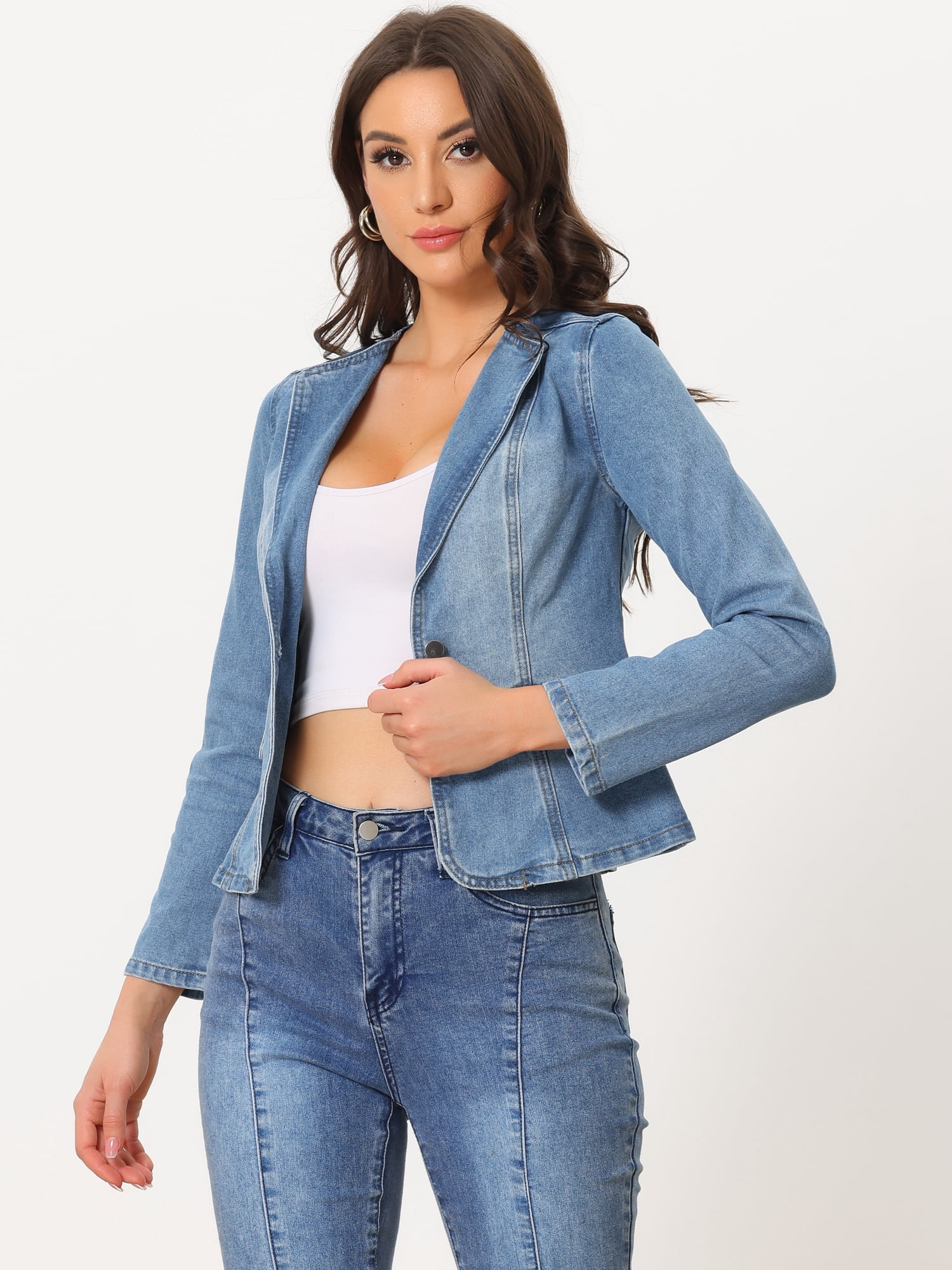 DARING DIVA Women's Lapel Collar Jean Jacket One Button Work Denim Blazer XL Light Blue