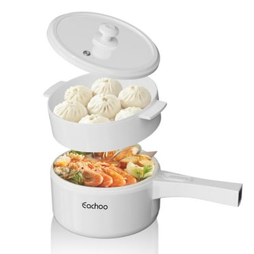 CACHOO Hot Pot Electric with Steamer, Rapid Noodles Electric Pot, 1.5L Non-Stick Sauté Pan, Electric Cooker for Steak, Egg, Pasta, Ramen Cooker with Dual Power Control, White