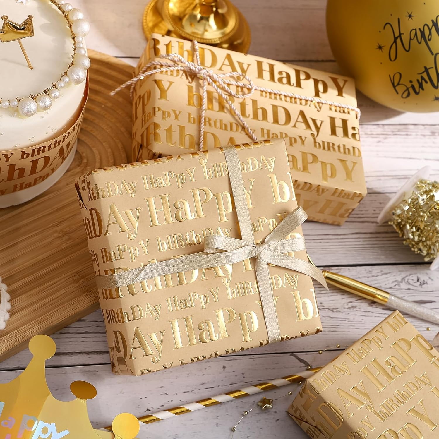 3D Kraft Birthday Wrapping Paper Roll - Mini Roll - 17 Inch x 16.5 Feet - Gold and Brown Happy Birthday Lettering Design with Embossed Perfect for Holiday, Party Celebration