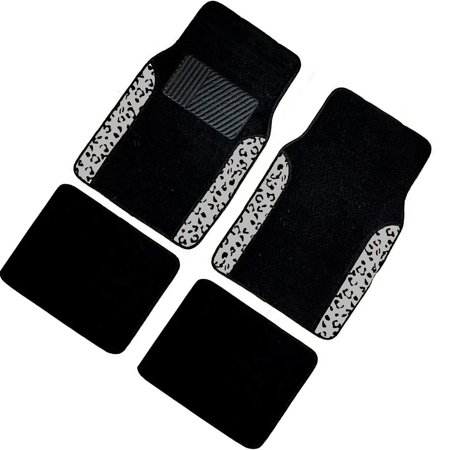 A Set of 4 Universal Fit Plush Carpet with Animal Print Floor Mats For Cars / Trucks (Gray Leopard)
