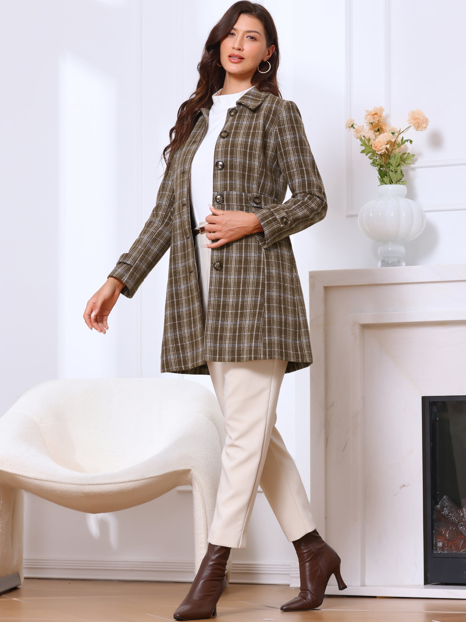 DARING DIVA Women's Single Breasted Vintage Winter Overcoat Plaid Pea Coat S Coffee
