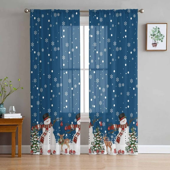 ERUNPONLY Navy Blue Christmas Sheer Curtains 63 Inch Length 2 Panels Set, Snowman Snowflake Xmas Tree Ball Elk Voile Window Treatment Curtains Sheers Drapes for Bedroom/Living Room/Kitchen 52x"63"x2