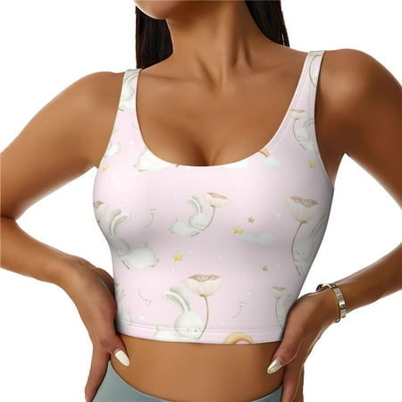 Racerback Sports Bras For Women High Support  Painted Cute Rabbit Rainbow Pink Workout Tank Tops Woman  Workout Yoga Running Bra