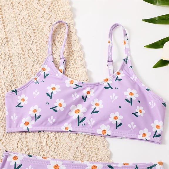 Vedolay Girls Swimsuit Girls' 3 Piece Swimsuit Cute Lemon Print High Neck Drawstring Waist Bikini Set with Cover Up,Purple 8-9 Years